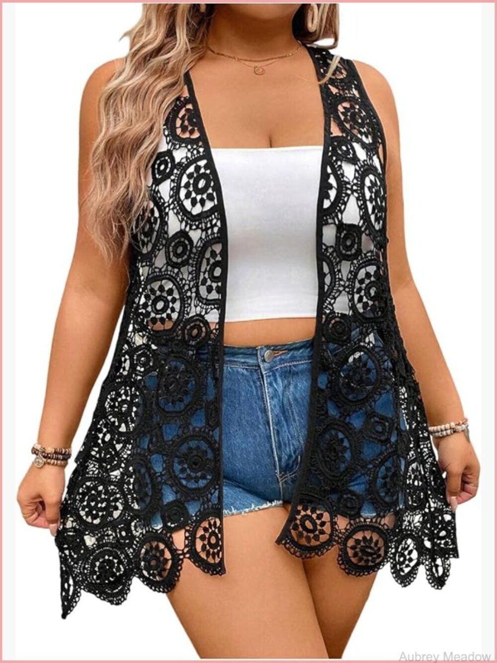 Plus Size Crochet Vest Sleeveless Scallop Lightweight Cardigan Jacket